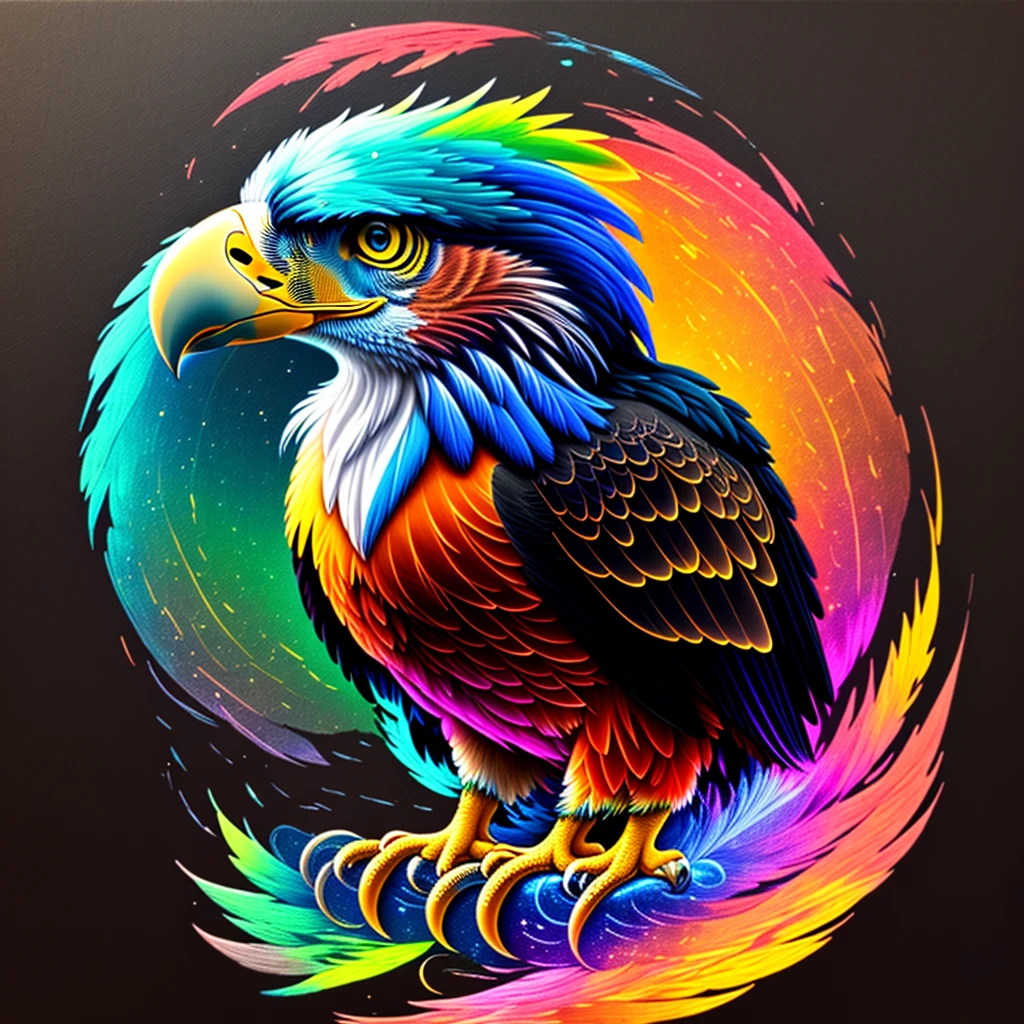 a painting of a colored eagle on a black background,, breathtaking rendering, within a radiant connection, inspired by Kinuko Y. Craft,, magical elements, kitten icon, wow, is beautiful, casting a multi colorful spell, bright flash, flash