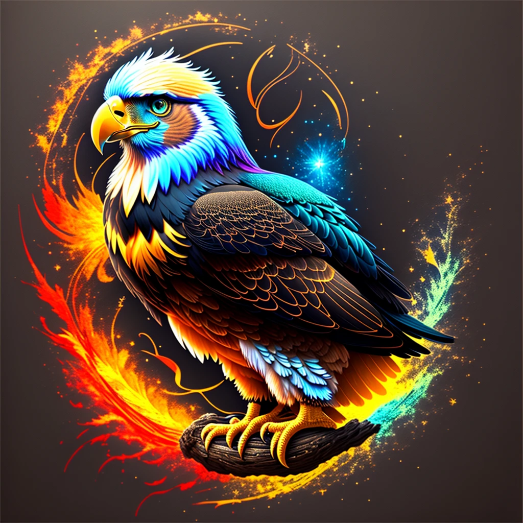 a painting of a colored eagle on a black background,, breathtaking rendering, within a radiant connection, inspired by Kinuko Y. Craft,, magical elements, kitten icon, wow, is beautiful, casting a multi colorful spell, bright flash, flash