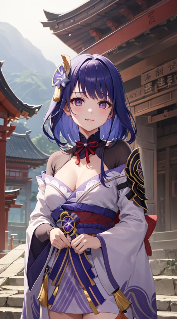 Raiden general, The upper part of the body, ssmile, Be red in the face, Outdoor activities, daysies, Background with, blue daysies空, short detailed hair, daysies空, temple, looking at viewert, stairways, mont, moody light, facing to audience,
