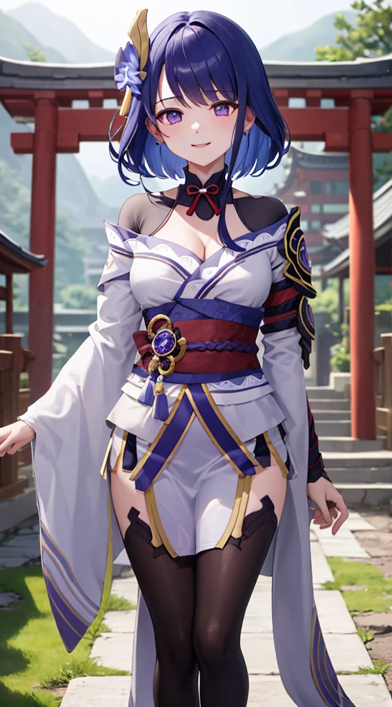 Raiden general, The upper part of the body, ssmile, Be red in the face, Outdoor activities, daysies, Background with, blue daysies空, short detailed hair, daysies空, temple, looking at viewert, stairways, mont, moody light, facing to audience,