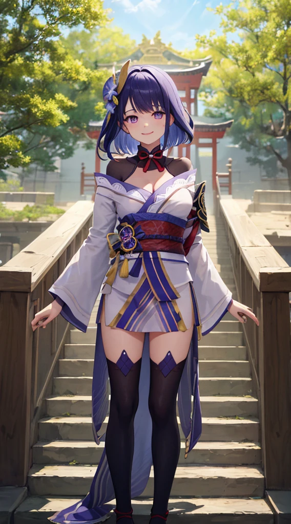 Raiden general, The upper part of the body, ssmile, Be red in the face, Outdoor activities, daysies,  Background with, blue daysies空, short detailed hair, daysies空, temple, looking at viewert, stairways, mont, moody light, facing to audience,