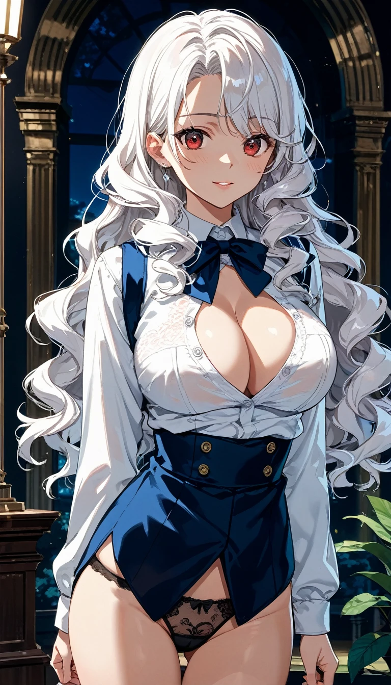 score_9, score_8_up, score_7_up, source_anime, 1girl, white hair, long hair, wavy hair, red eyes, large breasts, dress shirt, cleavage, panties, bare legs, thighs, anime screencap, highly detailed, cinematic lighting, dramatic composition, 8k, intricate details, masterpiece, by koumashiro,