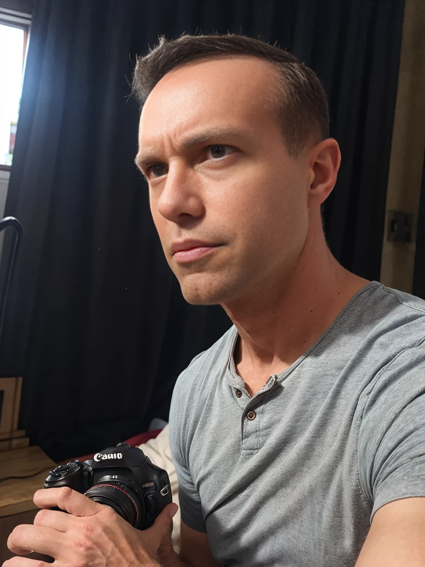 man, very short hair, ultra realistic, meticulously detailed, portrait short hair and black shirt, looking to side, side profile of face, wide angle view ((man holding canon DSLR camera with large lens)) standing in a photo studio, holding professional camera, large professional studio background with softboxes and camera equipment