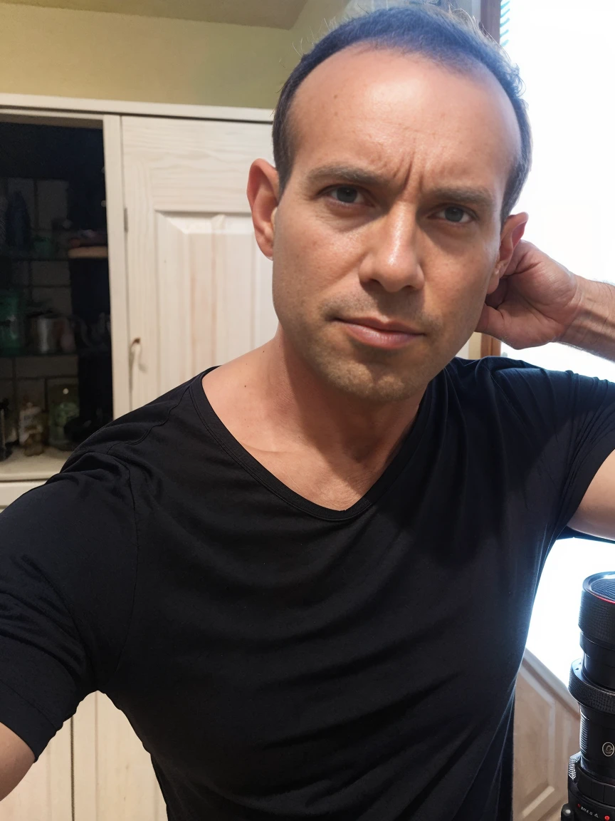 man, very short hair, ultra realistic, meticulously detailed, portrait short hair and black shirt, looking to side, side profile of face, wide angle view ((man holding canon DSLR camera with large lens)) standing in a photo studio, holding professional camera, large professional studio background with softboxes and camera equipment