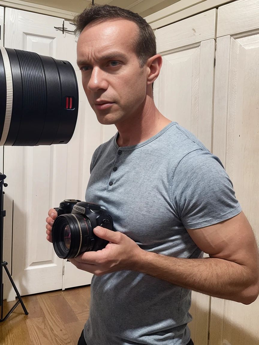 man, very short hair, ultra realistic, meticulously detailed, portrait short hair and black shirt, looking to side, side profile of face, wide angle view ((man holding canon DSLR camera with large lens)) standing in a photo studio, holding professional camera, large professional studio background with softboxes and camera equipment