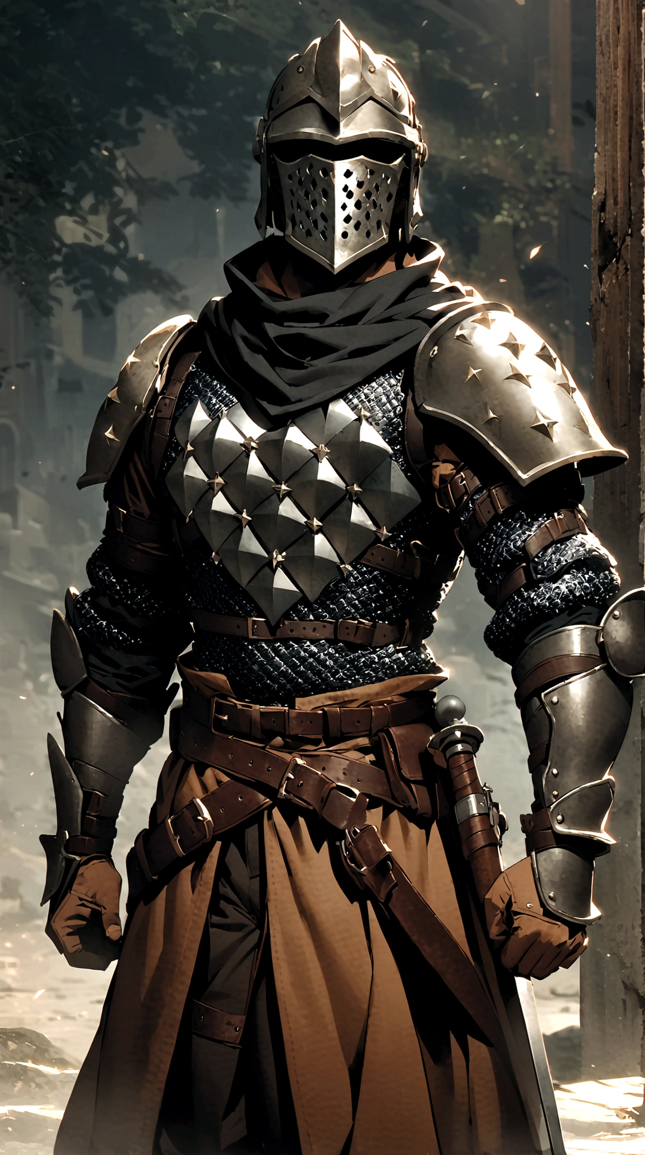 1boy, armor, light armor, gambeson, chainmail, brown pants, boots, copper armor, chestplate, bandolier, belts, shoulder plates, light shoulder armor, arm armor, leg armor, side skirts, black skirts, tattered scarf, black scarf, helmet, face-like helmet, metal mask, fencing, rapier, buckler, Height=1.83m, BodyType=muscular, broad shoulders, muscular, hidden face, faceless, masked, helmet, full helmet, midjourney