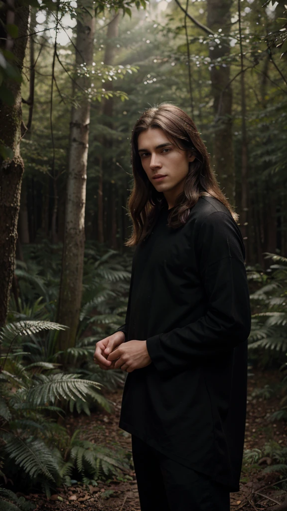 a beautiful young man with soft hair and warm eyes, delicate facial features, wearing a black outfit, standing in a serene forest landscape, cinematic lighting, highly detailed, photorealistic, 8k, masterpiece