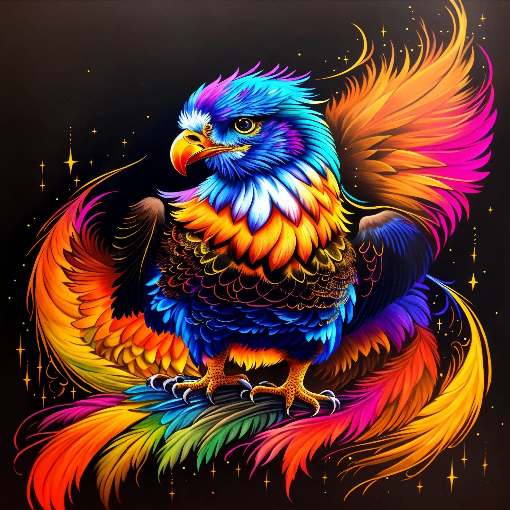 colorful bird with a star in the background, art of a phoenix, colorful plumage, glowing feathers, full of colors and rich detail, mythical creature, Fire Bird, highly intricate and colorful, ''phoenix wallpaper, colorful digital fantasy art, extremely colorful, Vibrant, high-contrast coloring, strong and vibrant colors, glowing feathers do arco-íris, high detailed colors