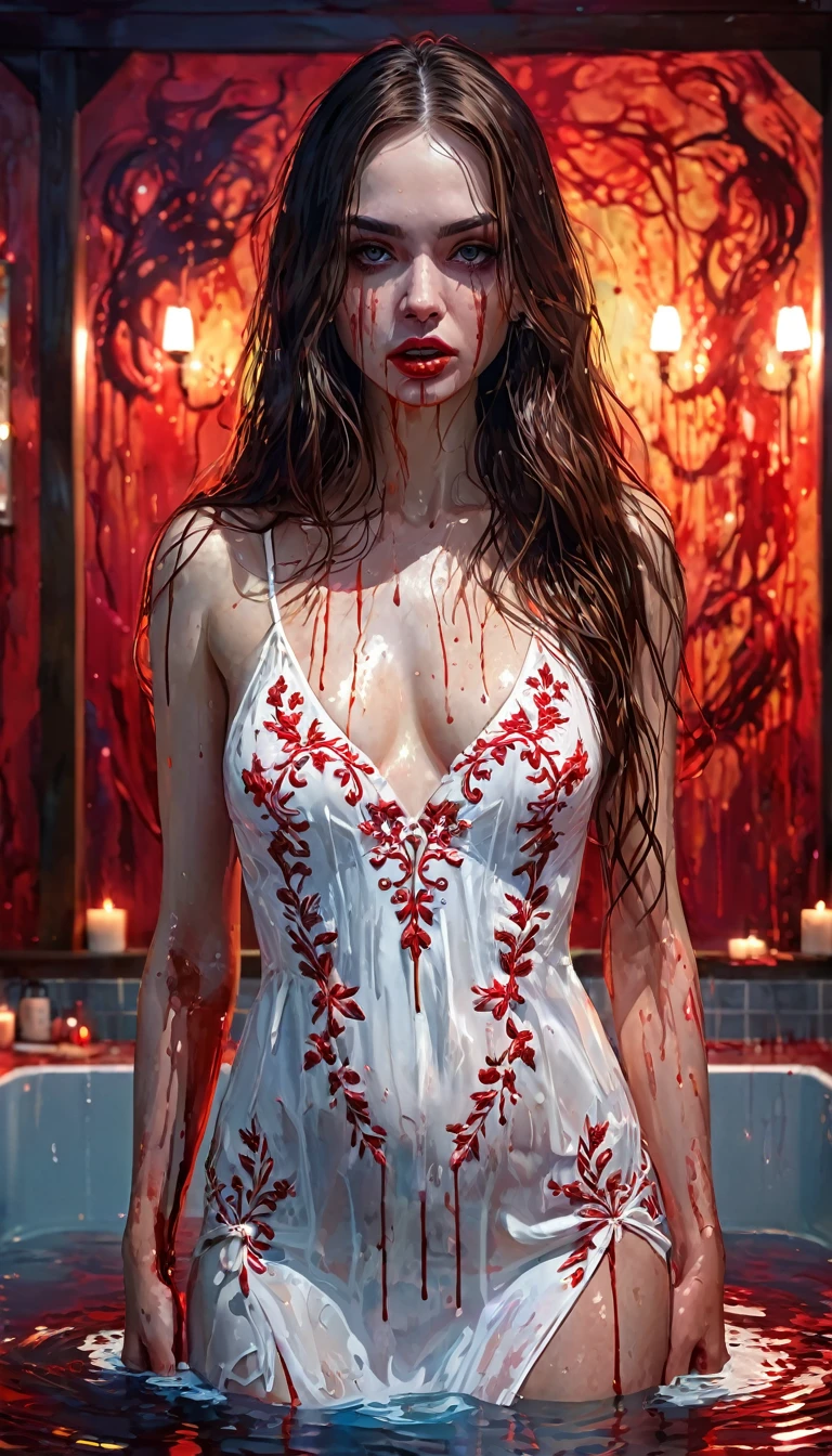 A girl with long hair, very sexy, in a tight white embroidered dress, bathing in blood, ritual, terror, horror tones, (art inspired by Bill Sienkiewicz), oil painting, best quality, 4k, 8k, highres, masterpiece:1.2, ultra-detailed, realistic, photorealistic, photo-realistic:1.37, HDR, UHD, studio lighting, ultra-fine painting, sharp focus, physically-based rendering, extreme detail description, professional, vivid colors, bokeh