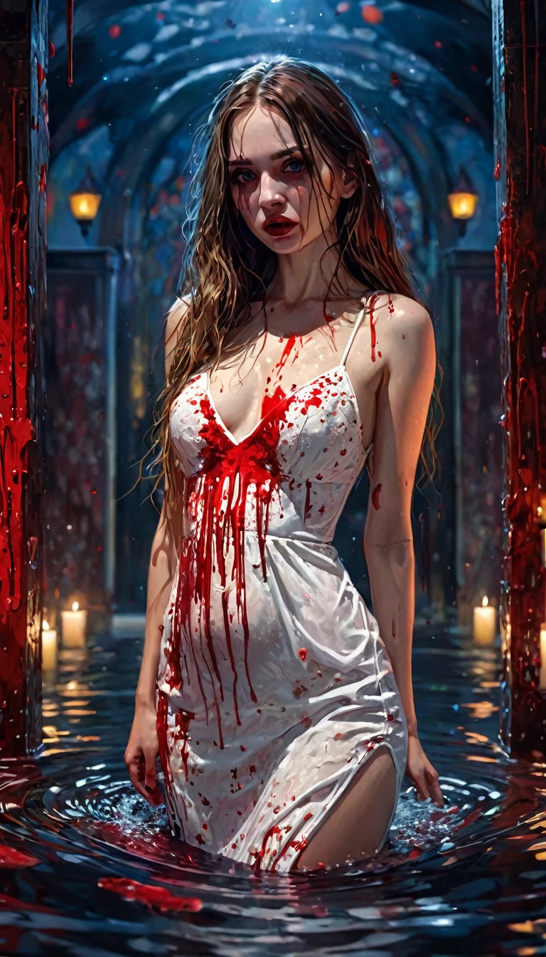 A girl with long hair, very sexy, in a tight white embroidered dress, bathing in blood, ritual, terror, horror tones, (art inspired by Bill Sienkiewicz), oil painting, best quality, 4k, 8k, highres, masterpiece:1.2, ultra-detailed, realistic, photorealistic, photo-realistic:1.37, HDR, UHD, studio lighting, ultra-fine painting, sharp focus, physically-based rendering, extreme detail description, professional, vivid colors, bokeh