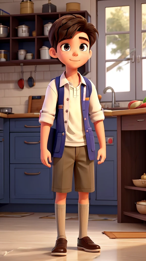 A student boy, in high school student clothes, he is in the kitchen of his house