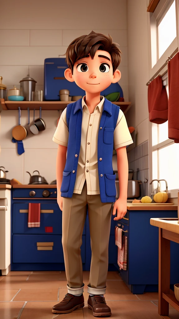 A student boy, in high school student clothes, he is in the kitchen of his house