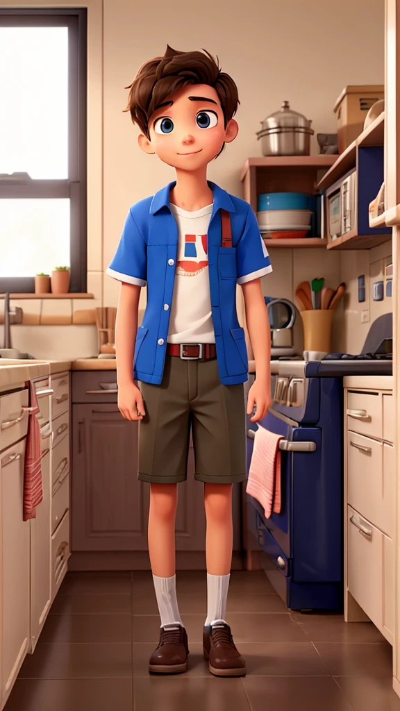 A student boy, in high school student clothes, he is in the kitchen of his house