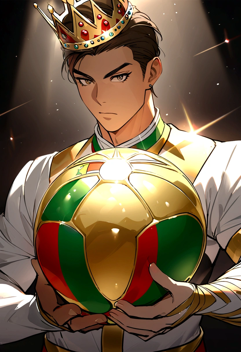 Portrait of Football King Christiano Ronaldo, holding the Golden Ball,  ngồi ngai vàng,  wearing the Portuguese flag, crown, shine, strong, Metallic light