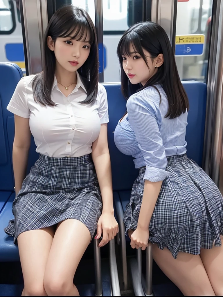 High , Blue checked skirt, Panty shot, Black Hair, Bob, Big Breasts, Big Ass, plump, expensive, Sitting on a train, super high quality, Facing each other head on