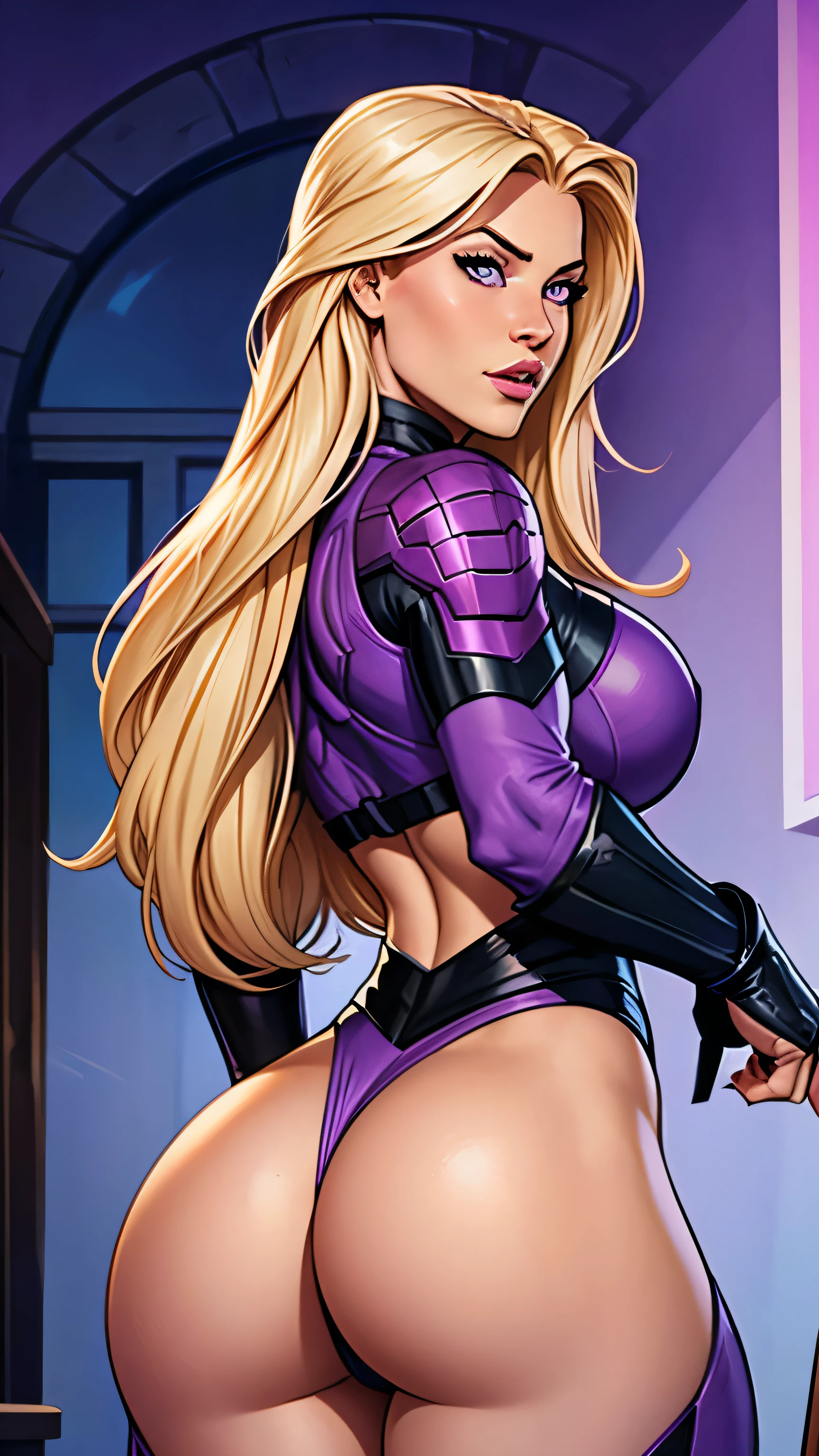 .21 year old woman , Long straight blonde hair, bright and expressive purple eyes, she opted for a mercenary outfit. loot, busty. comic style. quadrinhos da marvel