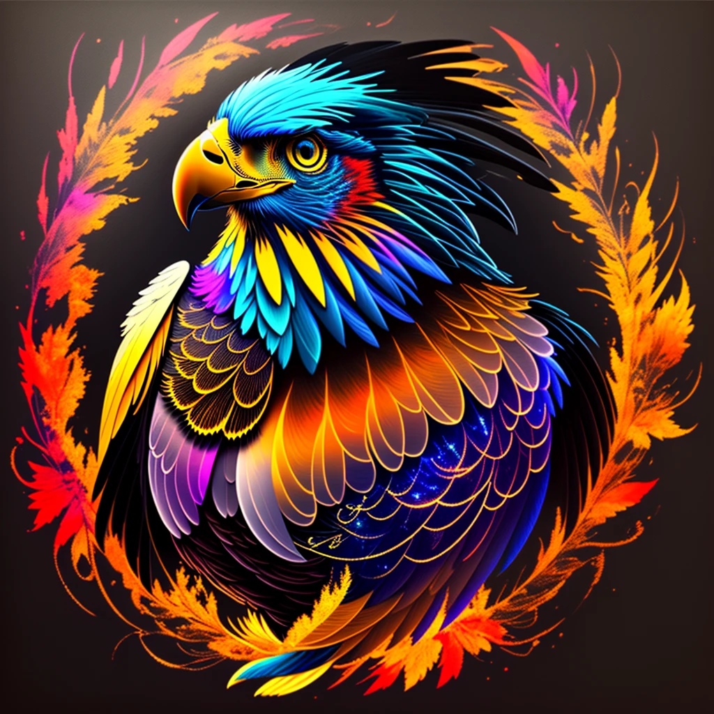 a painting of a colored eagle on a black background,, breathtaking rendering, within a radiant connection, inspired by Kinuko Y. Craft,, magical elements, kitten icon, wow, is beautiful, casting a multi colorful spell, bright flash, flash