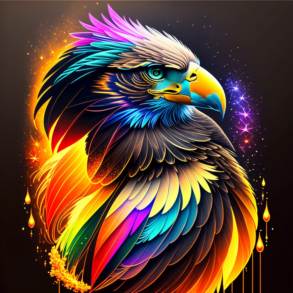 a painting of a colored eagle on a black background,, breathtaking rendering, within a radiant connection, inspired by Kinuko Y. Craft,, magical elements, kitten icon, wow, is beautiful, casting a multi colorful spell, bright flash, flash