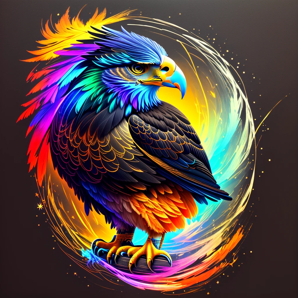 a painting of a colored eagle on a black background,, breathtaking rendering, within a radiant connection, inspired by Kinuko Y. Craft,, magical elements, kitten icon, wow, is beautiful, casting a multi colorful spell, bright flash, flash