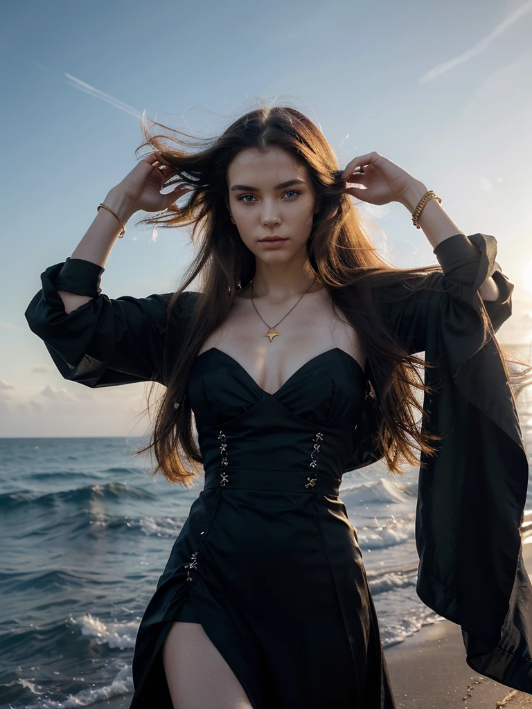 3D ,stunning girl ,beautiful perfect bright Blue eyes, very beautiful mesmerizing face,windy day, Golden bracelets and necklaces, long hair is waving in the wind ,(official art, beautiful and aesthetic:1.2), extremely detailed, highest detailed, pale skin, the creamy smooth skin,( long monolith blocks and columns, star and nebulas at the horizon , calm sea at the scene), black dark post- modern dress is waving at the wind, strong light, backlighting, withered vegetation, thread, glass, strong shadow, close-up, fog, futuristic fashion, modern art, movement, Post-apocalyptic, Biofabric, Gothic wind,bright light on face , sunset , yellowish red rays at the sky ,reflections,