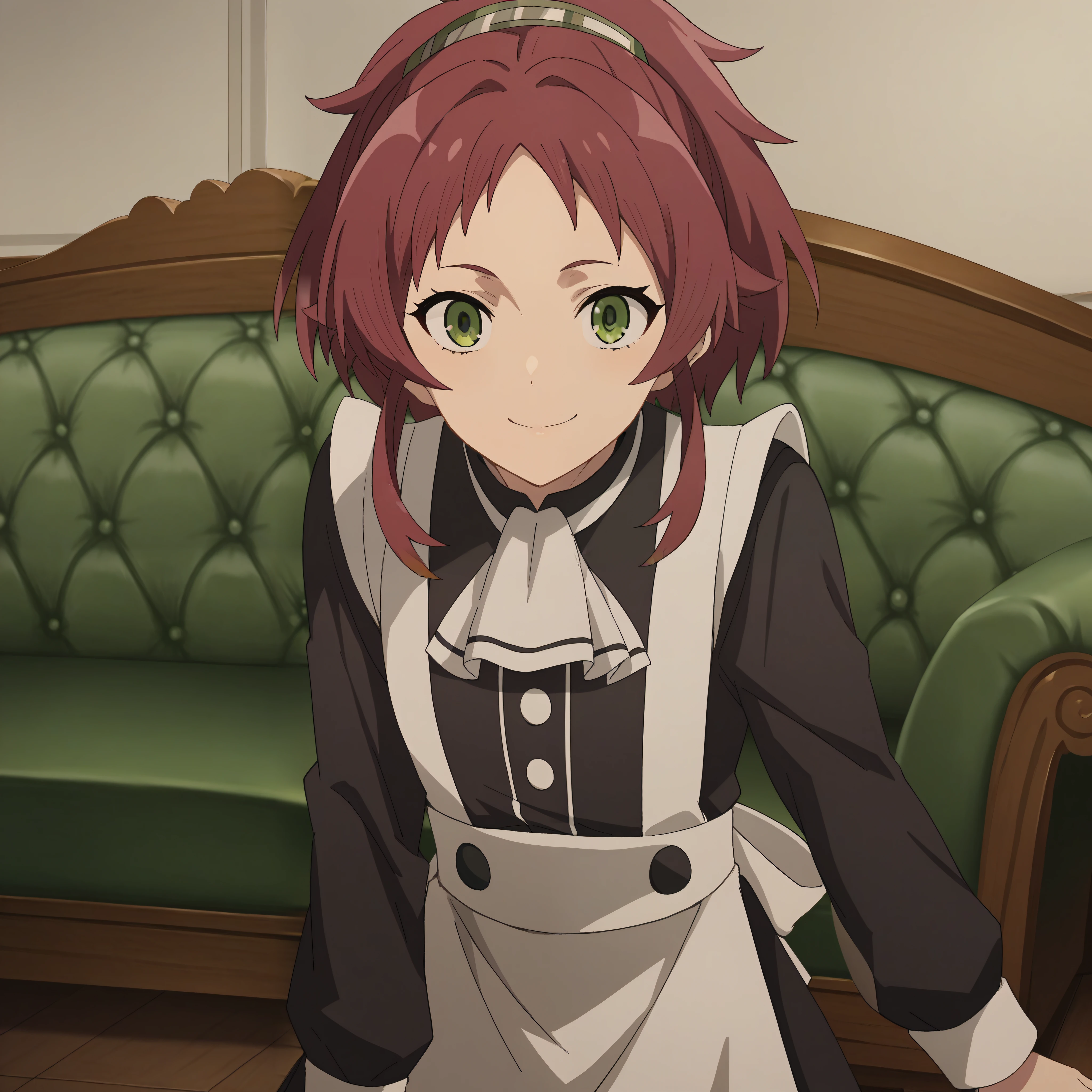 score_9, score_8_up, score_7_up, source_anime,
aishagreyrat,
aisha greyrat, green eyes, ponytail, red hair,
long sleeves, apron, maid, ascot, white apron, white ascot,
indoors, bent over, smile,
solo, dutch angle, looking at viewer, cowboy shot,