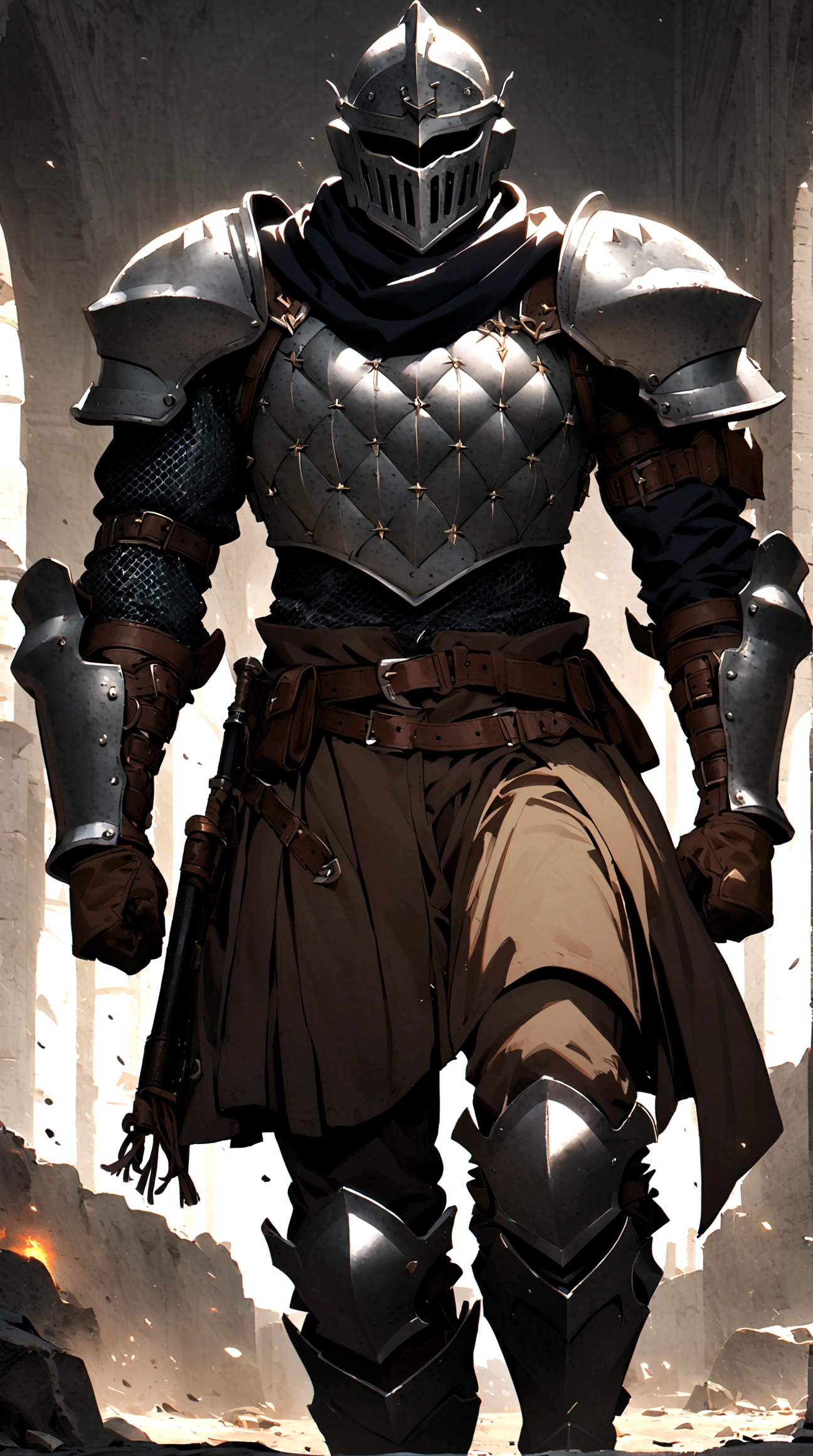 1boy, armor, light armor, gambeson, chainmail, brown pants, boots, copper armor, chestplate, bandolier, belts, shoulder plates, light shoulder armor, arm armor, leg armor, side skirts, black skirts, tattered scarf, black scarf, helmet, face-like helmet, metal mask, fencing, rapier, buckler, Height=1.83m, BodyType=muscular, broad shoulders, muscular, hidden face, faceless, masked, helmet, full helmet, hand guard, glove, belt, helmet, shoulder armor, cuisses, full armor, armor, delicate\(armor\)