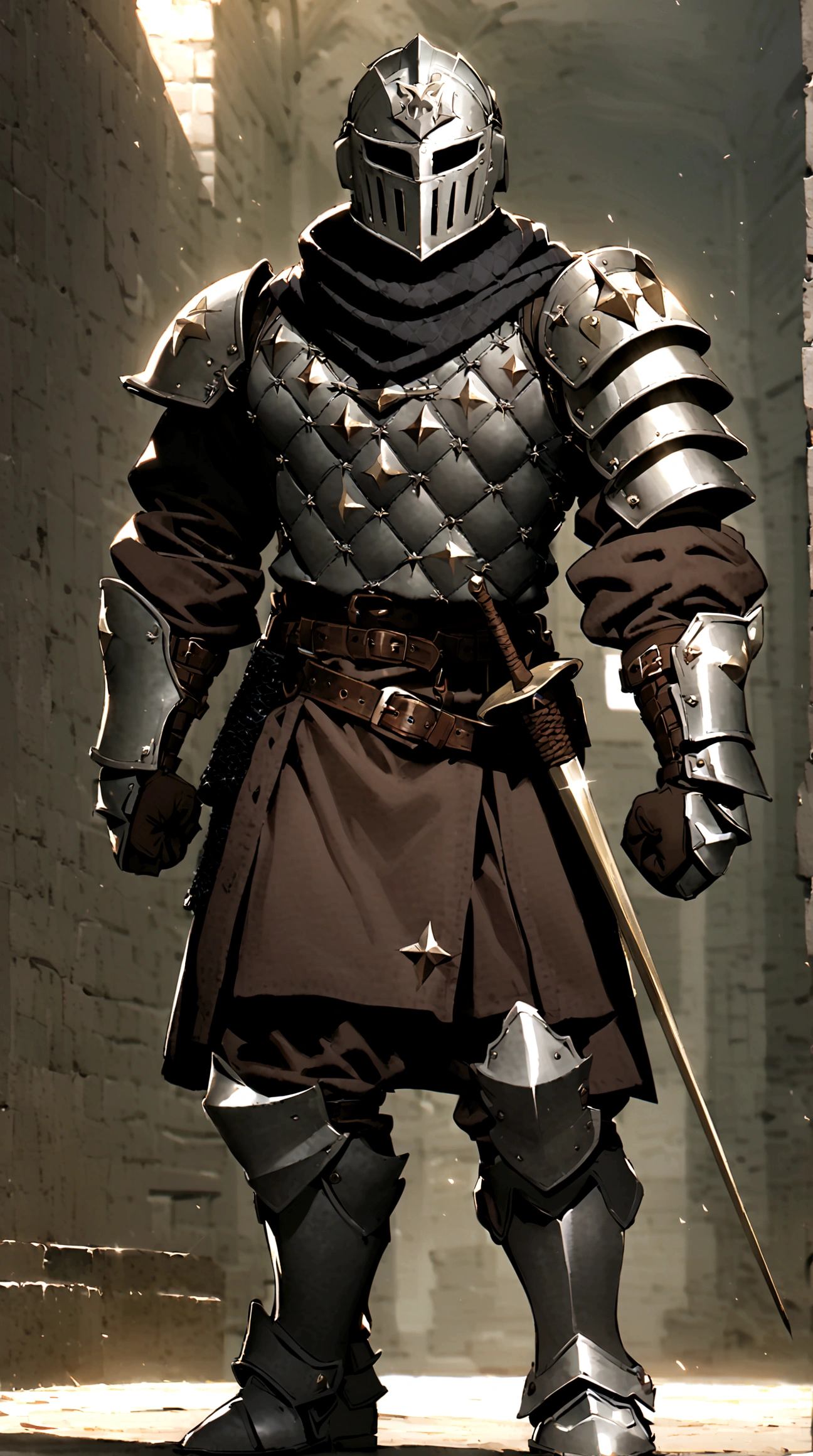 1boy, armor, light armor, gambeson, chainmail, brown pants, boots, copper armor, chestplate, bandolier, belts, shoulder plates, light shoulder armor, arm armor, leg armor, side skirts, black skirts, tattered scarf, black scarf, helmet, face-like helmet, metal mask, fencing, rapier, buckler, Height=1.83m, BodyType=muscular, broad shoulders, muscular, hidden face, faceless, masked, helmet, full helmet, hand guard, glove, belt, helmet, shoulder armor, cuisses, full armor, armor, delicate\(armor\)