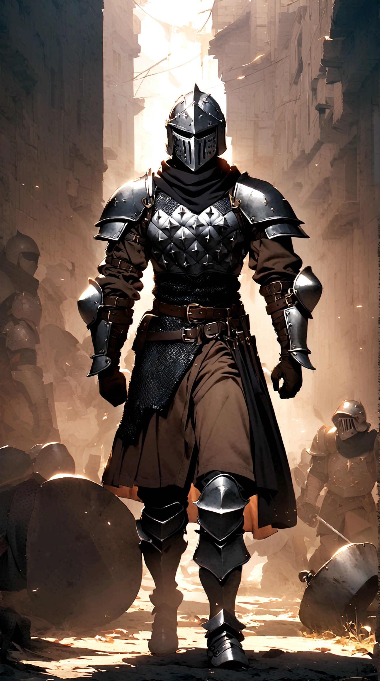 1boy, armor, light armor, gambeson, chainmail, brown pants, boots, copper armor, chestplate, bandolier, belts, shoulder plates, light shoulder armor, arm armor, leg armor, side skirts, black skirts, tattered scarf, black scarf, helmet, face-like helmet, metal mask, fencing, rapier, buckler, Height=1.83m, BodyType=muscular, broad shoulders, muscular, hidden face, faceless, masked, helmet, full helmet, hand guard, glove, belt, helmet, shoulder armor, cuisses, full armor, armor, delicate\(armor\)