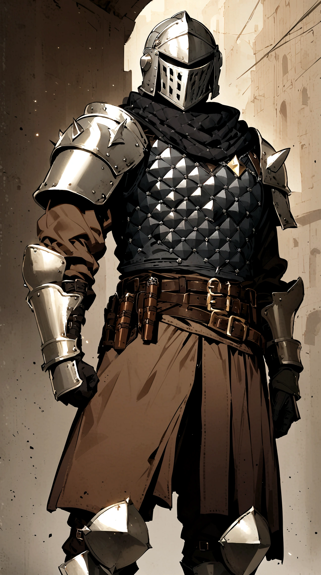 1boy, armor, light armor, gambeson, chainmail, brown pants, boots, copper armor, chestplate, bandolier, belts, shoulder plates, light shoulder armor, arm armor, leg armor, side skirts, black skirts, tattered scarf, black scarf, helmet, face-like helmet, metal mask, fencing, rapier, buckler, Height=1.83m, BodyType=muscular, broad shoulders, muscular, hidden face, faceless, masked, helmet, full helmet, hand guard, glove, belt, helmet, shoulder armor, cuisses, full armor, armor, delicate\(armor\)