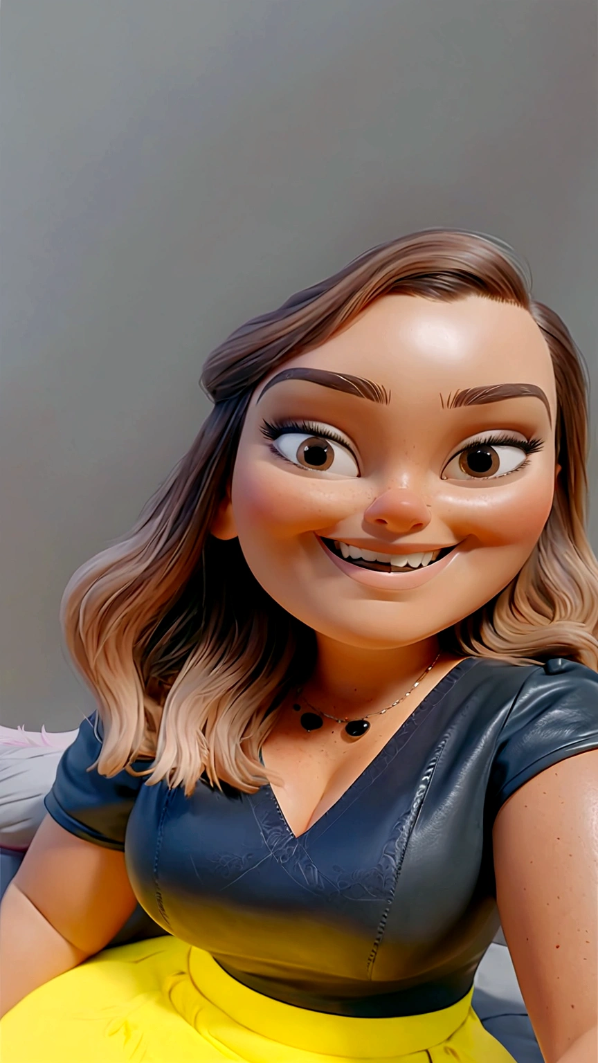 Uma mulher loira sorrindo, parado para uma foto, illuminated by the light of a lamp, Set against the backdrop of a beauty salon