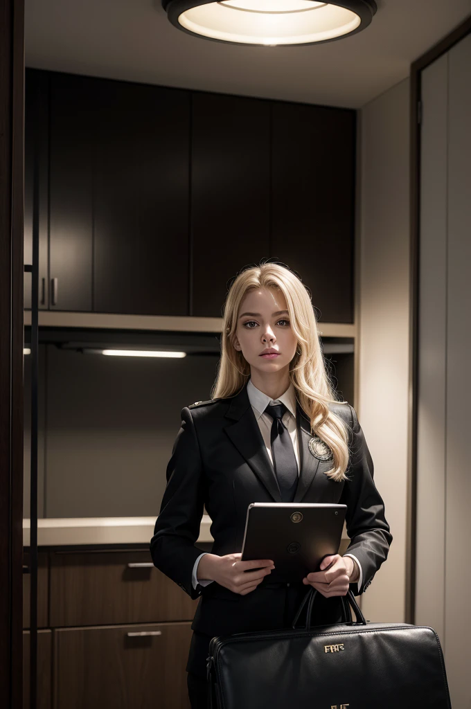 A blonde woman, white, An FBI agent is standing in a brightly lit office. She wears a formal black suit with her FBI badge pinned to her lapel.. Her long blonde hair is down in soft waves.. She holds a black leather briefcase, marked with the FBI logo, while reviewing important documents. The room around him is organized and filled with other agents working at their desks..