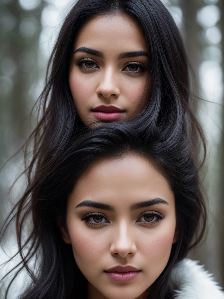 close up of a latin woman, black hair, Penetrating and seductive look, winter forest, natural skin texture, 24mm, 4k textures, soft cinematic light, RAW photo, photorealism, photorealistic, intricate, elegant, highly detailed, sharp focus, ((((cinematic look)))), soothing tones, insane details, intricate details, hyperdetailed, low contrast, soft cinematic light, dim colors, exposure blend, hdr, faded