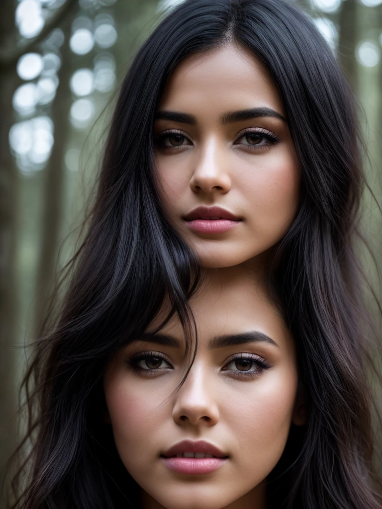 close up of a latin woman, black hair, Penetrating and seductive look, winter forest, natural skin texture, 24mm, 4k textures, soft cinematic light, RAW photo, photorealism, photorealistic, intricate, elegant, highly detailed, sharp focus, ((((cinematic look)))), soothing tones, insane details, intricate details, hyperdetailed, low contrast, soft cinematic light, dim colors, exposure blend, hdr, faded