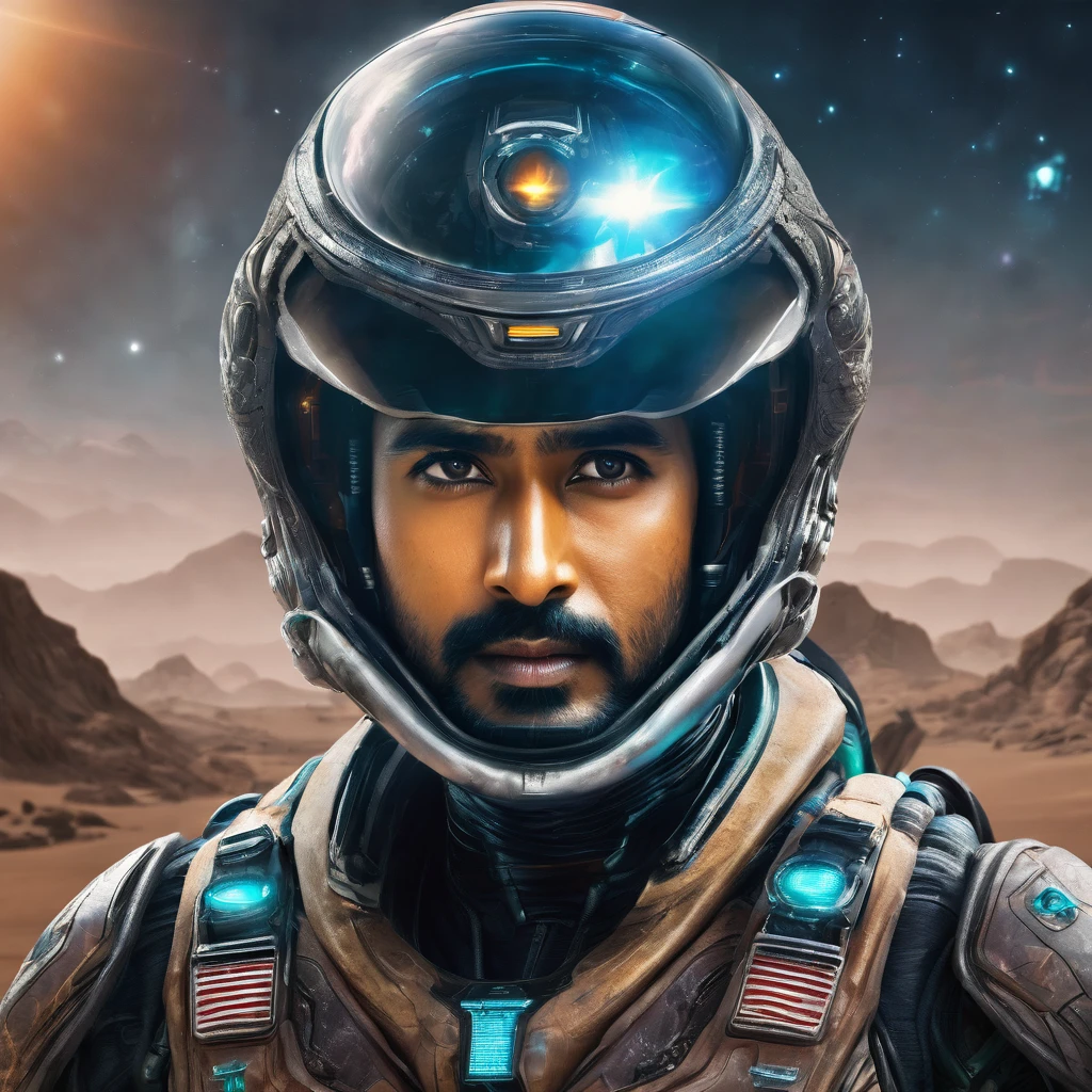 Create a portrait of actor sivakarthikeyan as space warrior in alien world, detailed cg and face, realistic portrait.