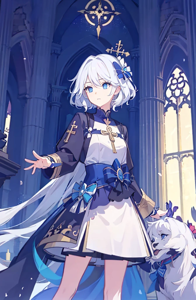 (Best Quality),(masutepiece:1.1),(the Extremely Detailed CG Unity 8K Wallpapers:1.1), (Colorful:0.9),1girl, white hair, solo focus, clearly, blue eyes, very long hair, stole, priest, Bishojo, church