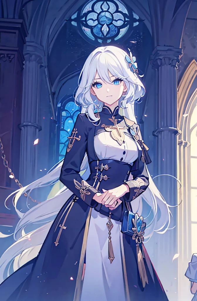 (Best Quality),(masutepiece:1.1),(the Extremely Detailed CG Unity 8K Wallpapers:1.1), (Colorful:0.9),1girl, white hair, solo focus, clearly, blue eyes, very long hair, stole, priest, Bishojo, church