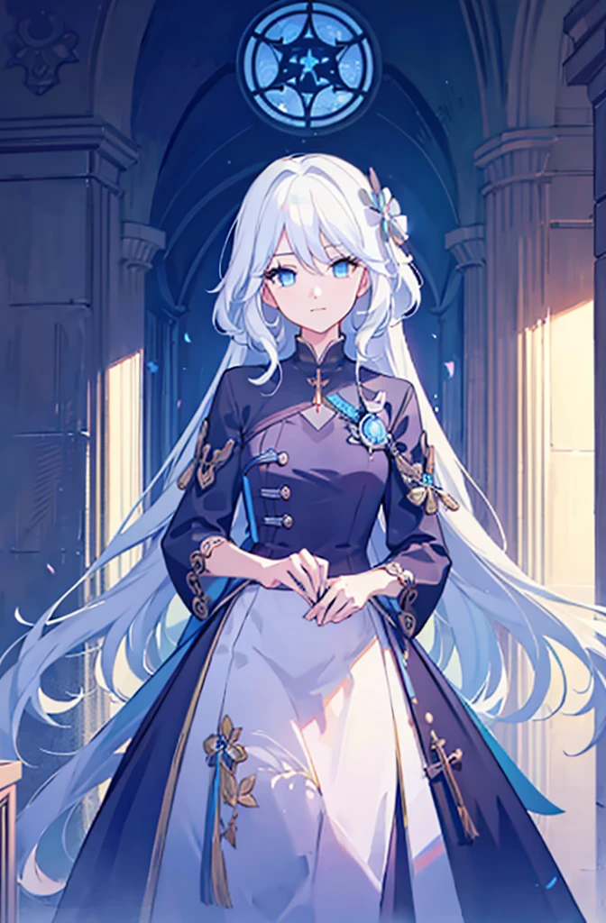 (Best Quality),(masutepiece:1.1),(the Extremely Detailed CG Unity 8K Wallpapers:1.1), (Colorful:0.9),1girl, white hair, solo focus, clearly, blue eyes, very long hair, stole, priest, Bishojo, church