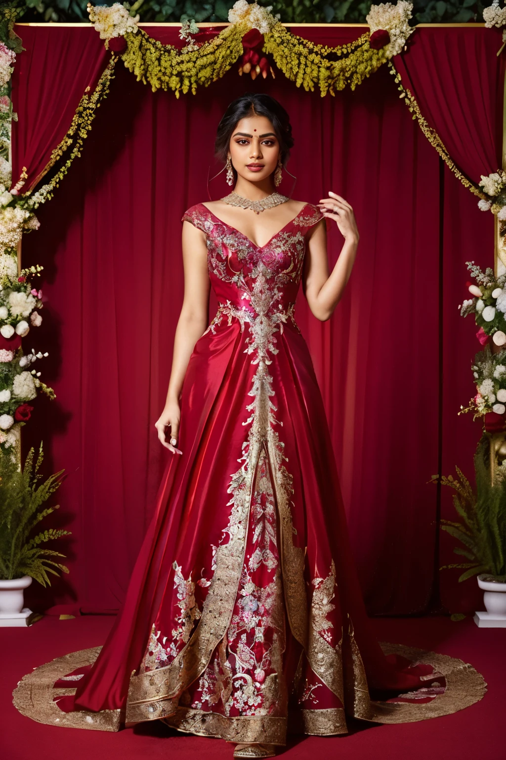 An Indian woman in a crimson dress standing in front of a flowery background, crimson dress, ornate crimson clothing, flowing gown, crimson dress, dressed in a beautiful gown, crimson tones, crimson, an elegant crimson, beautiful flowing fabric, stunning elegant, extravagant dress, stunning elegant pose, elegant evening gowns!, flowy dress, graceful and elegant.