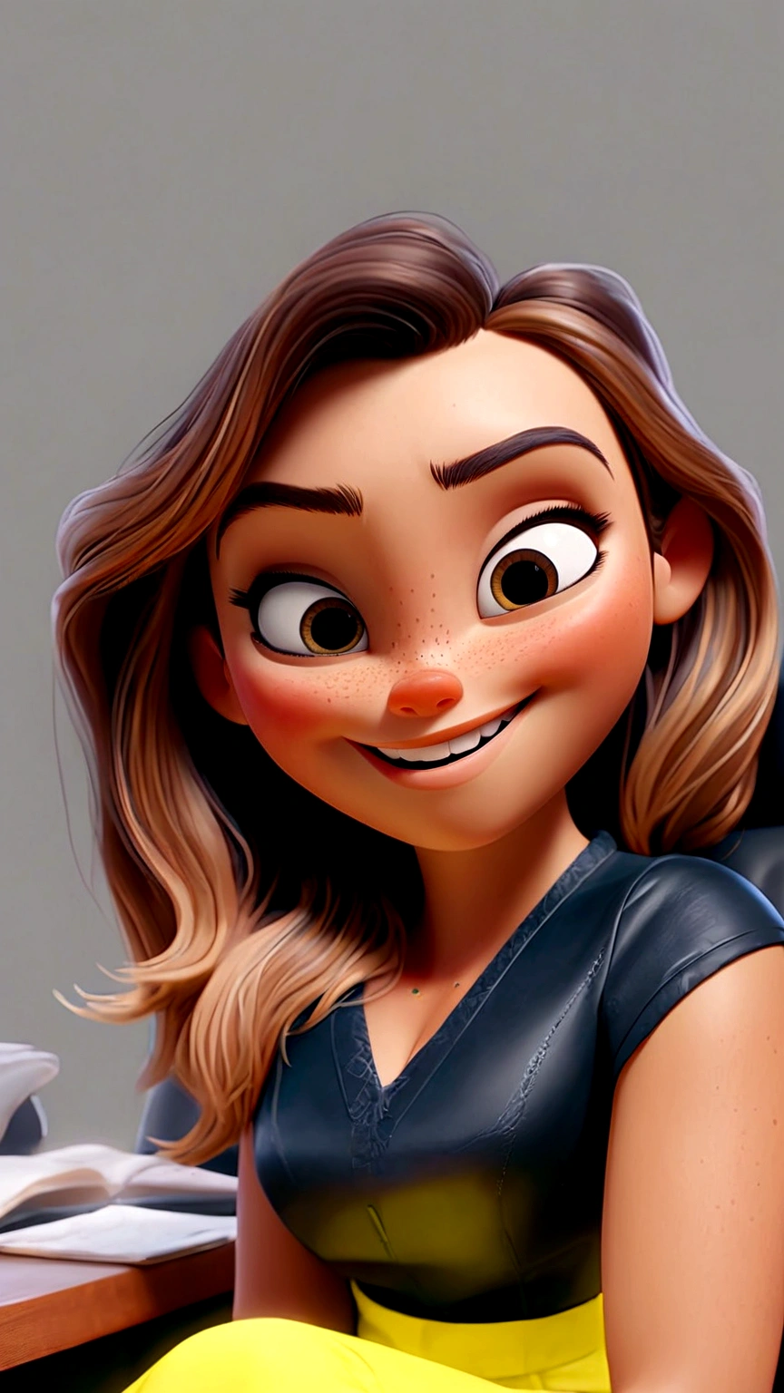 Create a Disney 3d Pixar-style character, Woman, white, long light brown hair, blouse with short sleeves black, lemon yellow pants, sitting in an armchair in an office, Grinning, doing selfie, left side of the face very close to the camera