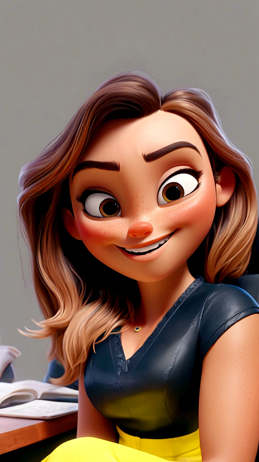 Create a Disney 3d Pixar-style character, Woman, white, long light brown hair, blouse with short sleeves black, lemon yellow pants, sitting in an armchair in an office, Grinning, doing selfie, left side of the face very close to the camera