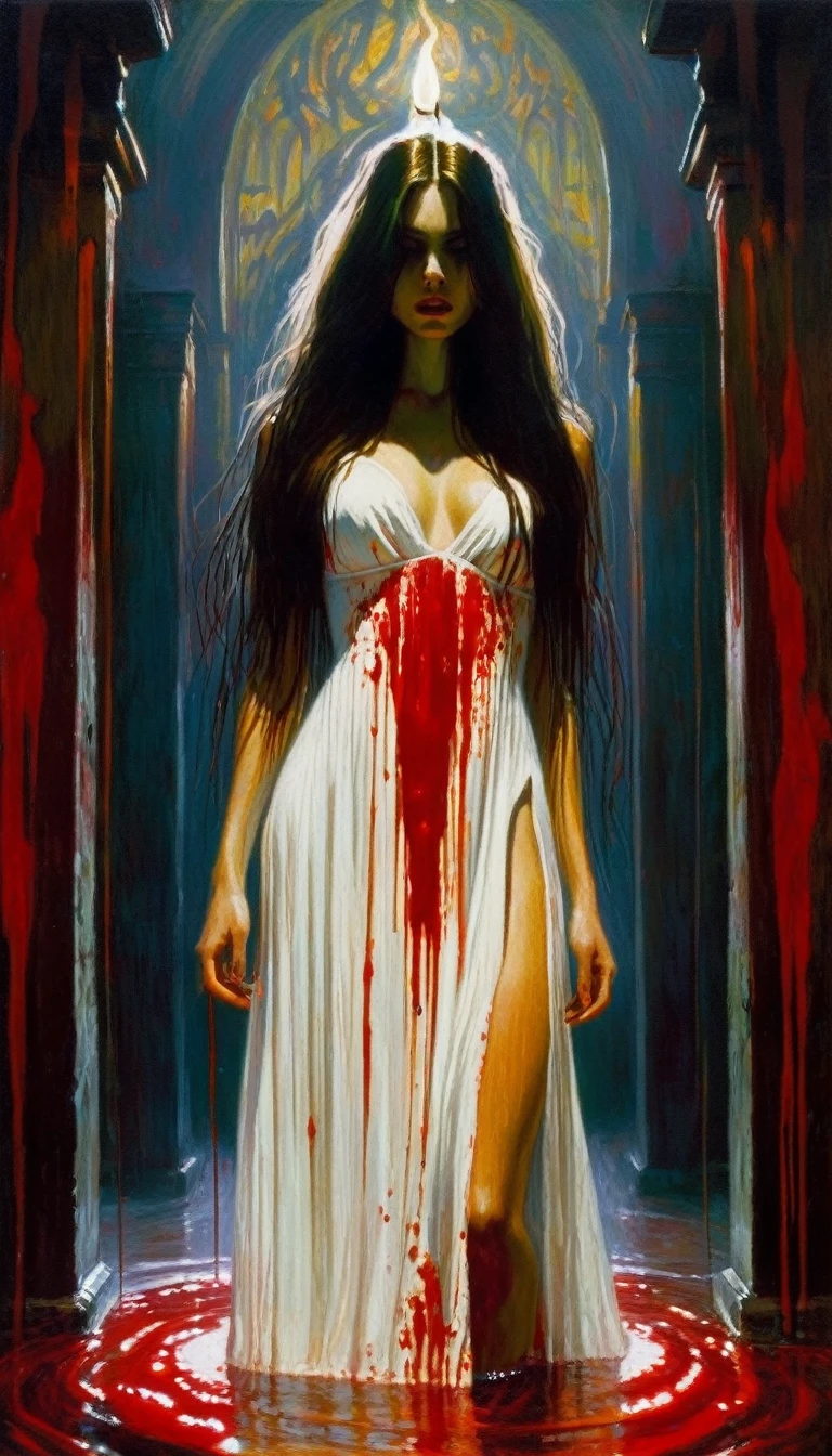girl with long hair, very sexy, in a cave full of dirty water, water up to her waist, carrying a torch, wearing a tight white embroidered dress full of blood, tones horror, (art inspired by Bill Sienkiewicz). oil painting)