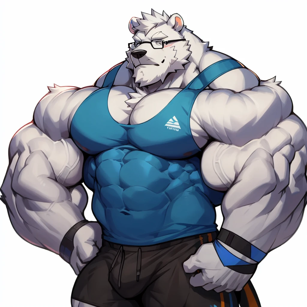 solo, 1boy, Huge Muscular White Polar Bear wearing glasses, huge white fur, pectoral, huge pectoral, wide pectoral, short white hair, blue colored short pants, blue colored wristbands and blue colored tank top, white bearded, white Mustache, white fur, simple background, masterpiece, high detailed, 8k, high resolution, at the gym, flexes huge muscles