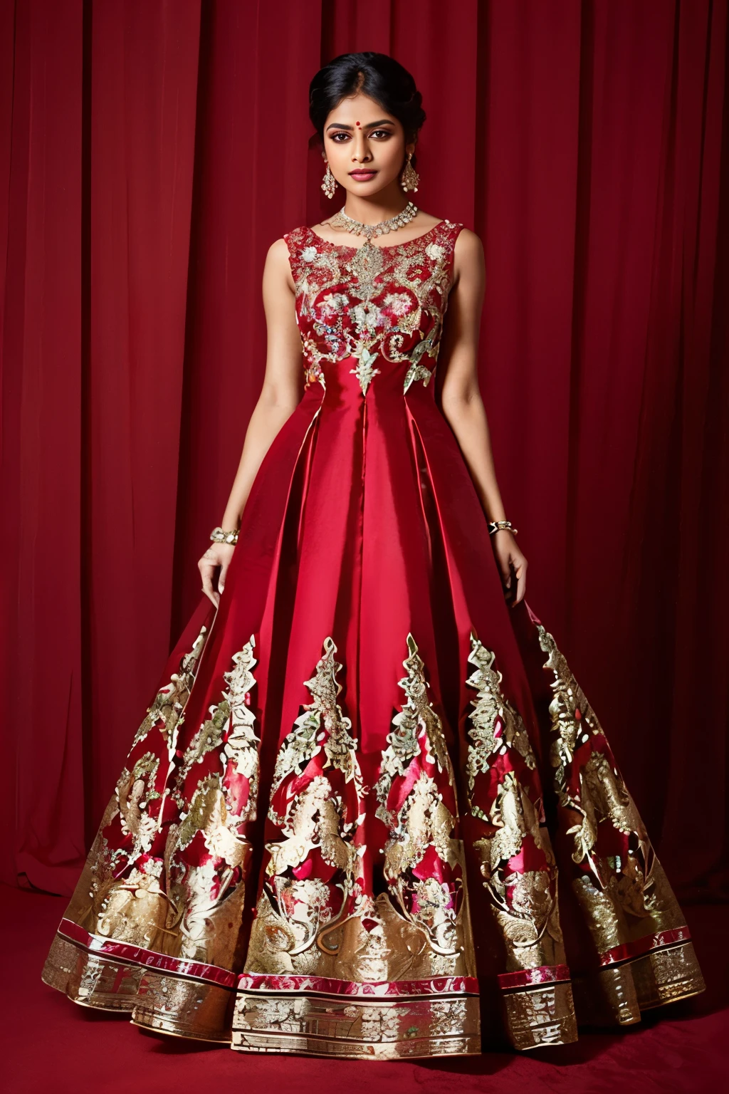 An Indian woman in a crimson dress standing in front of a flowery background, crimson dress, ornate crimson clothing, flowing gown, crimson dress, dressed in a beautiful gown, crimson tones, crimson, an elegant crimson, beautiful flowing fabric, stunning elegant, extravagant dress, stunning elegant pose, elegant evening gowns!, flowy dress, graceful and elegant.