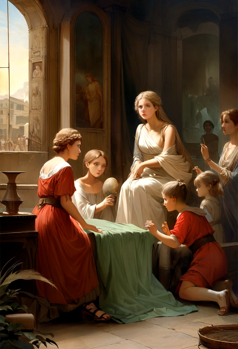 Show this young man talking to three girls,retain the same style as the original image texture and appearance, the atmosphere of the ancient Greek past, captured in an artistic style similar to that of Alma Tadema. The image, while a realistic visual representation, avoids showing any reference to modern technology. Instead, the scene is portrayed as if it were a classic painting, without the presence of the Canon EOS 5D Mark IV camera used to
