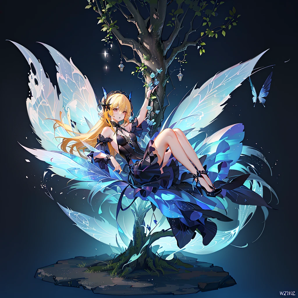 1 girl, dark yellow hair, by IKZW, fairy, small, small size, fairy wings, forest, torso up, goth dress,full body,