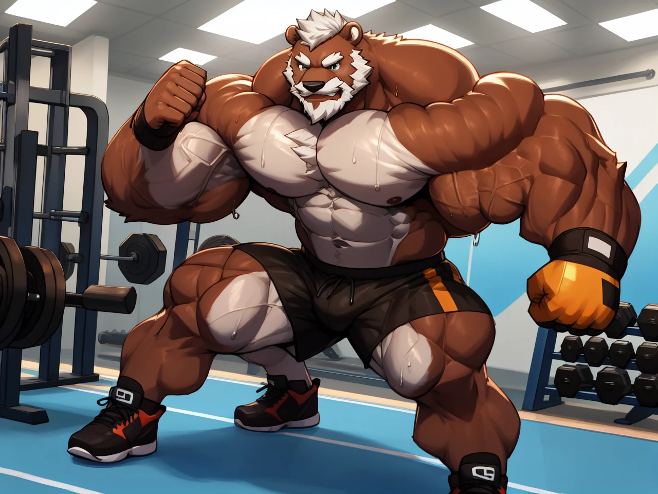 solo, 1boy, Huge Muscular Old Grizzly Bear MMA champion, pectoral, huge pumped pectoral, wide pumped pectoral, steroids, short white hair, black MMA shorts, black MMA gloves and mma black footwear with toes out, shirtless and topless, bearded, Mustache, correct anatomy, gym background, gym equipments, masterpiece, high detailed, 8k, high resolution, at the gym, sweating, kicking and punching, practicing, training