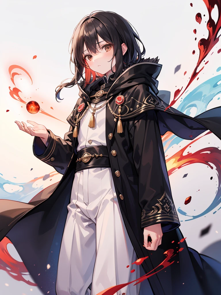 masculine teenage boy, medium length black hair, brown eyes, black cloak, black and red aura