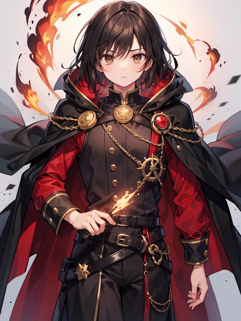 masculine teenage boy, medium length black hair, brown eyes, black cloak, black and red aura