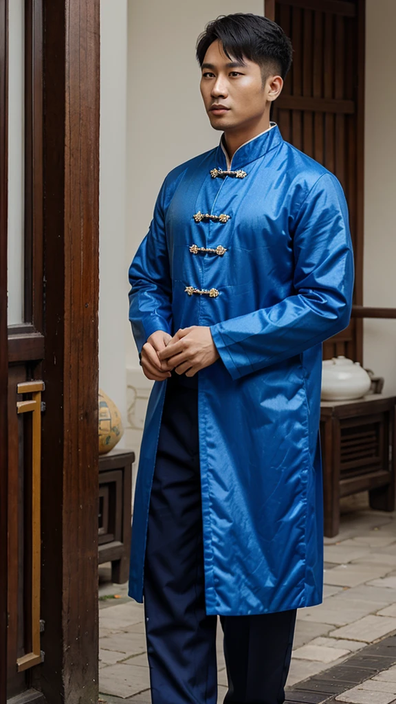 a man, blue Chinese clothes