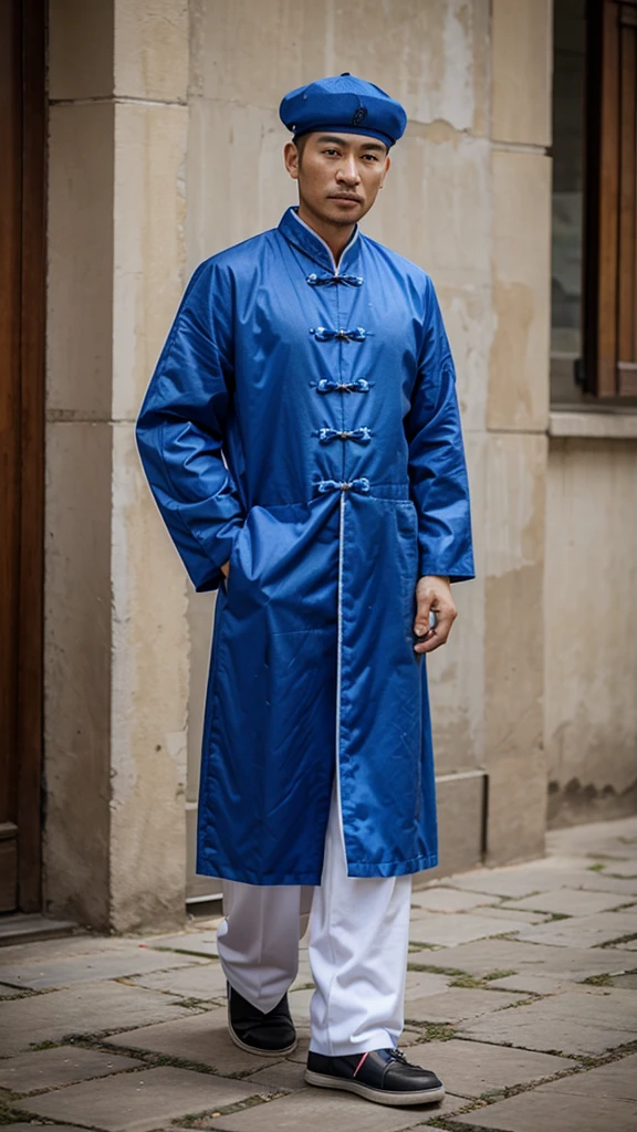 a man, blue Chinese clothes